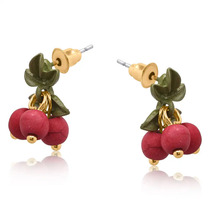 Cluster of three red Gora berries with green leaves attached to a silver pole. Stud earring.