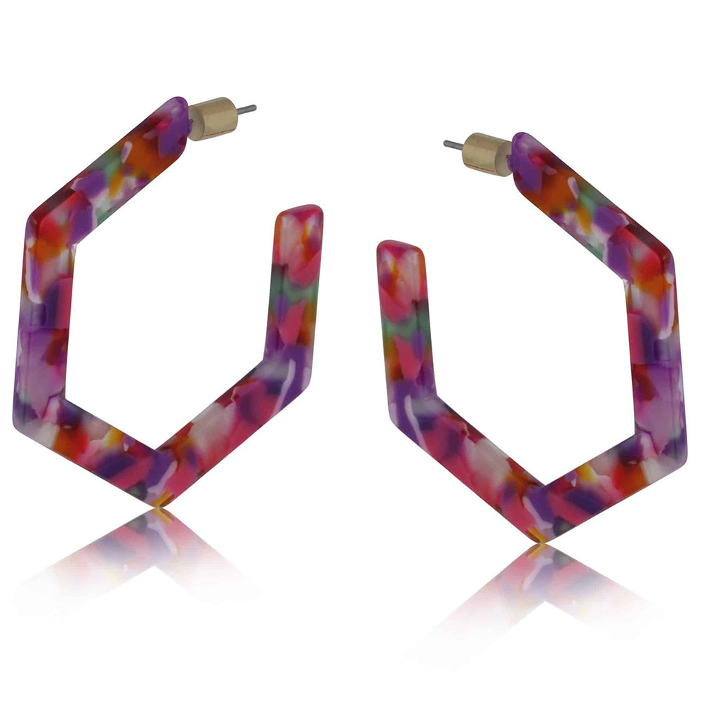 Big Metal London earrings for pierced ears. Hexagonal resin earrings in pinks and purples.