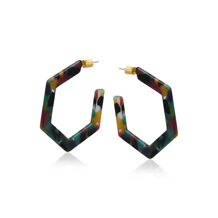 Hexagonal earring in black multicoloured mottle