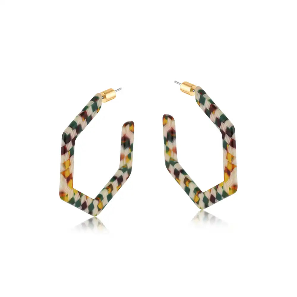 Hexagonal earrings wih cream, green and brown mottling. Gold coloured stoppers
