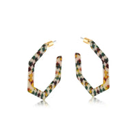Hexagonal earrings wih cream, green and brown mottling. Gold coloured stoppers
