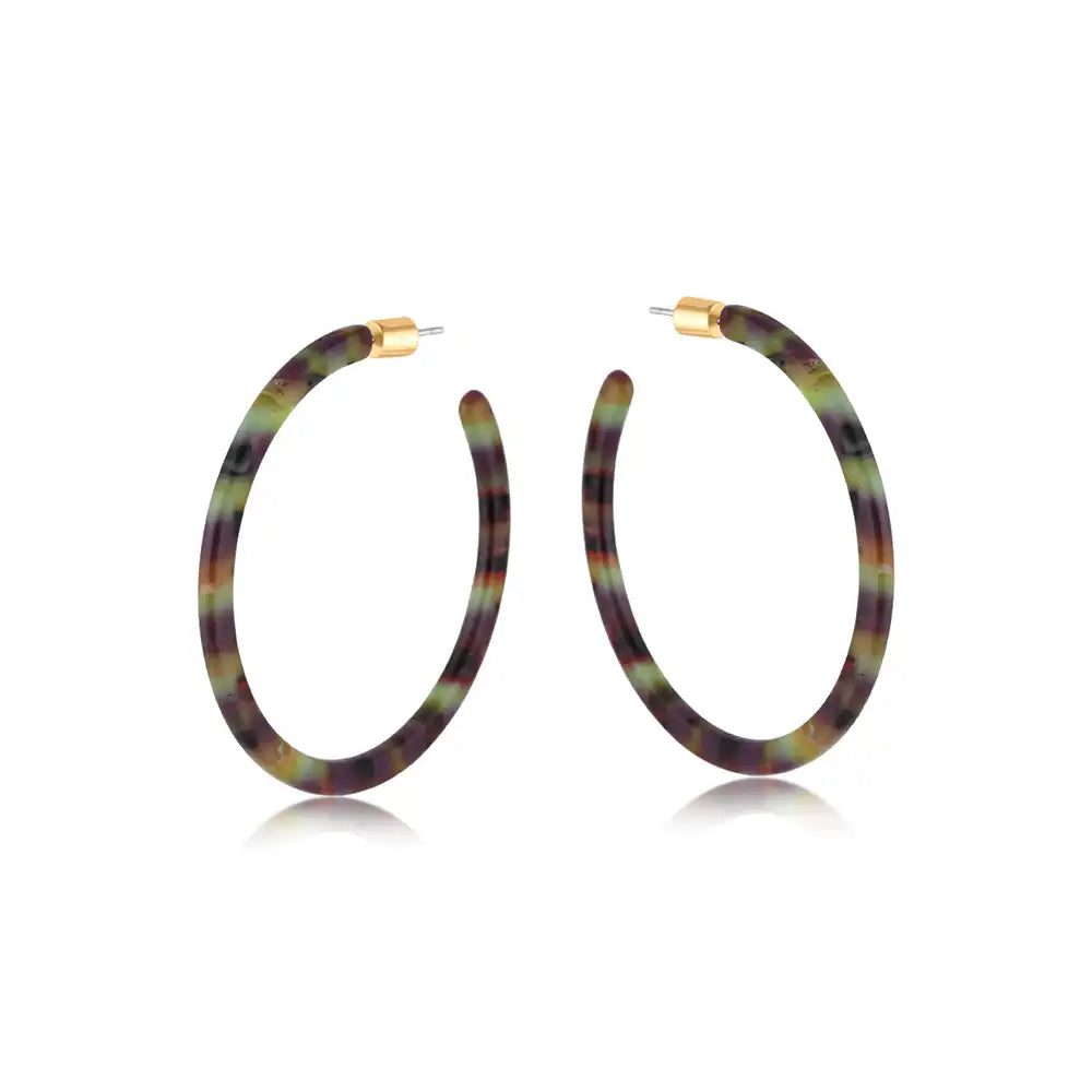 Large skinny hoop earrings in a khaki, brown and lilac blend.