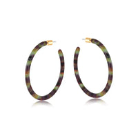 Large skinny hoop earrings in a khaki, brown and lilac blend.