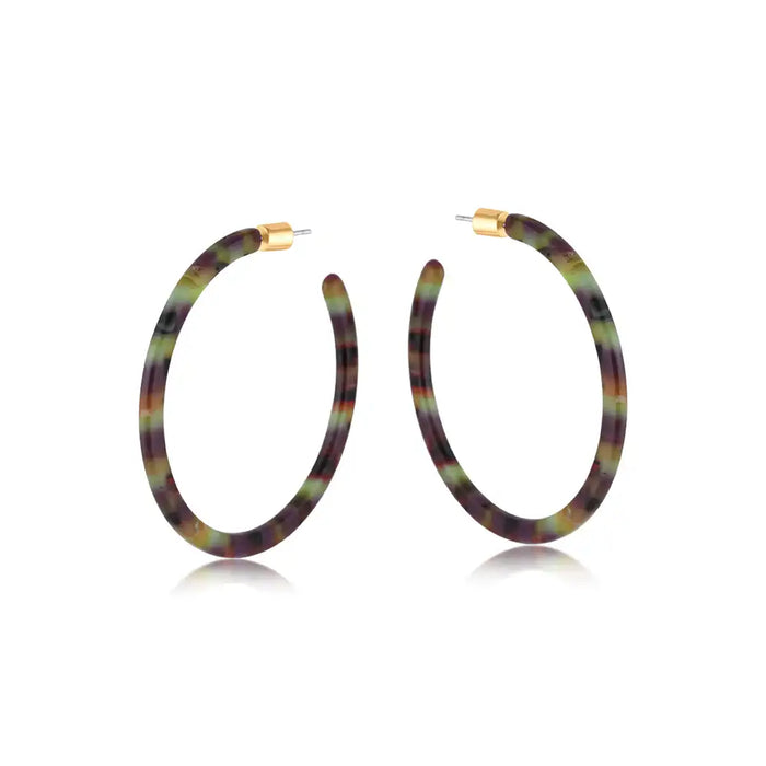 Large skinny hoop earrings in a khaki, brown and lilac blend.