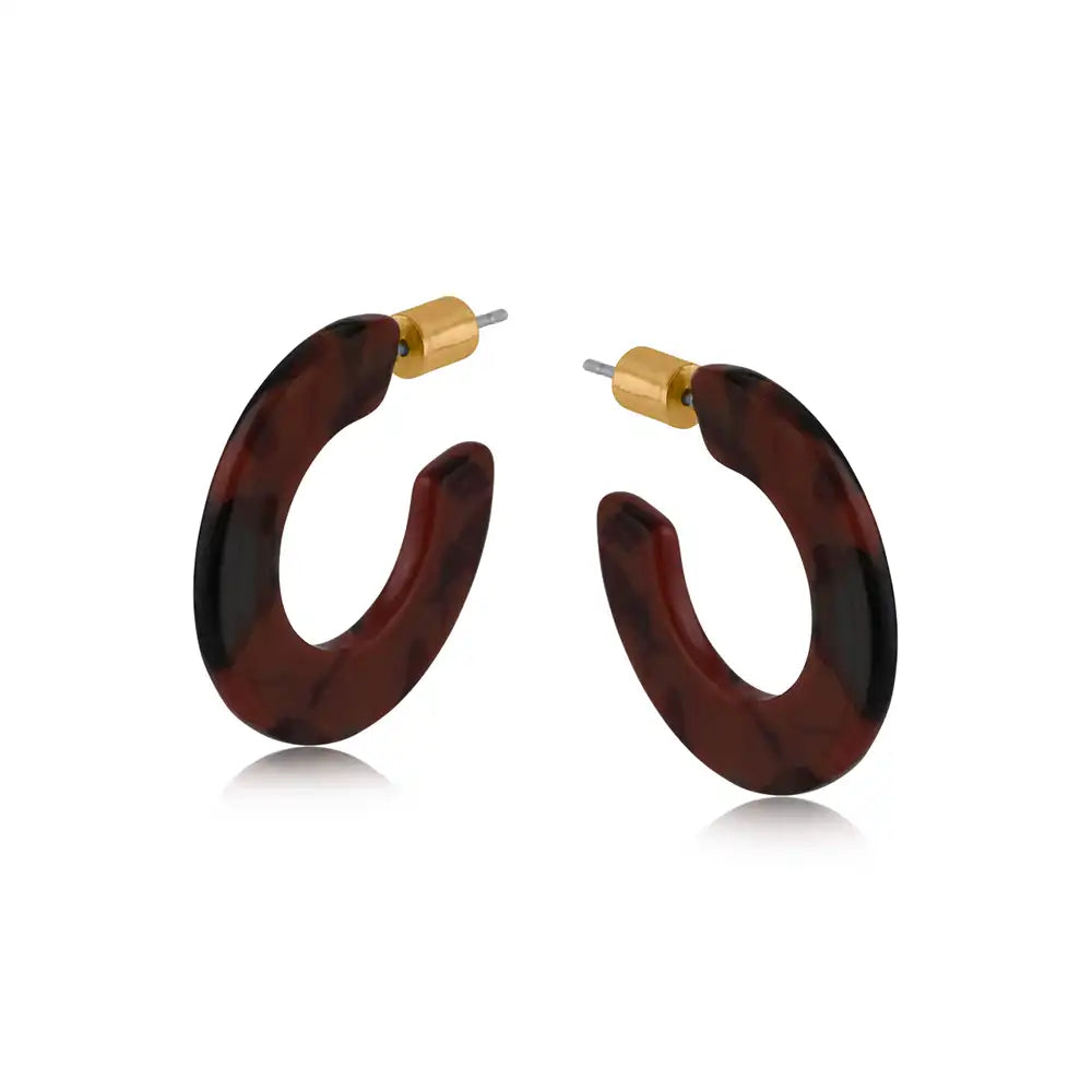 Dark brown resin hoop earrings in brown with gold stoppers