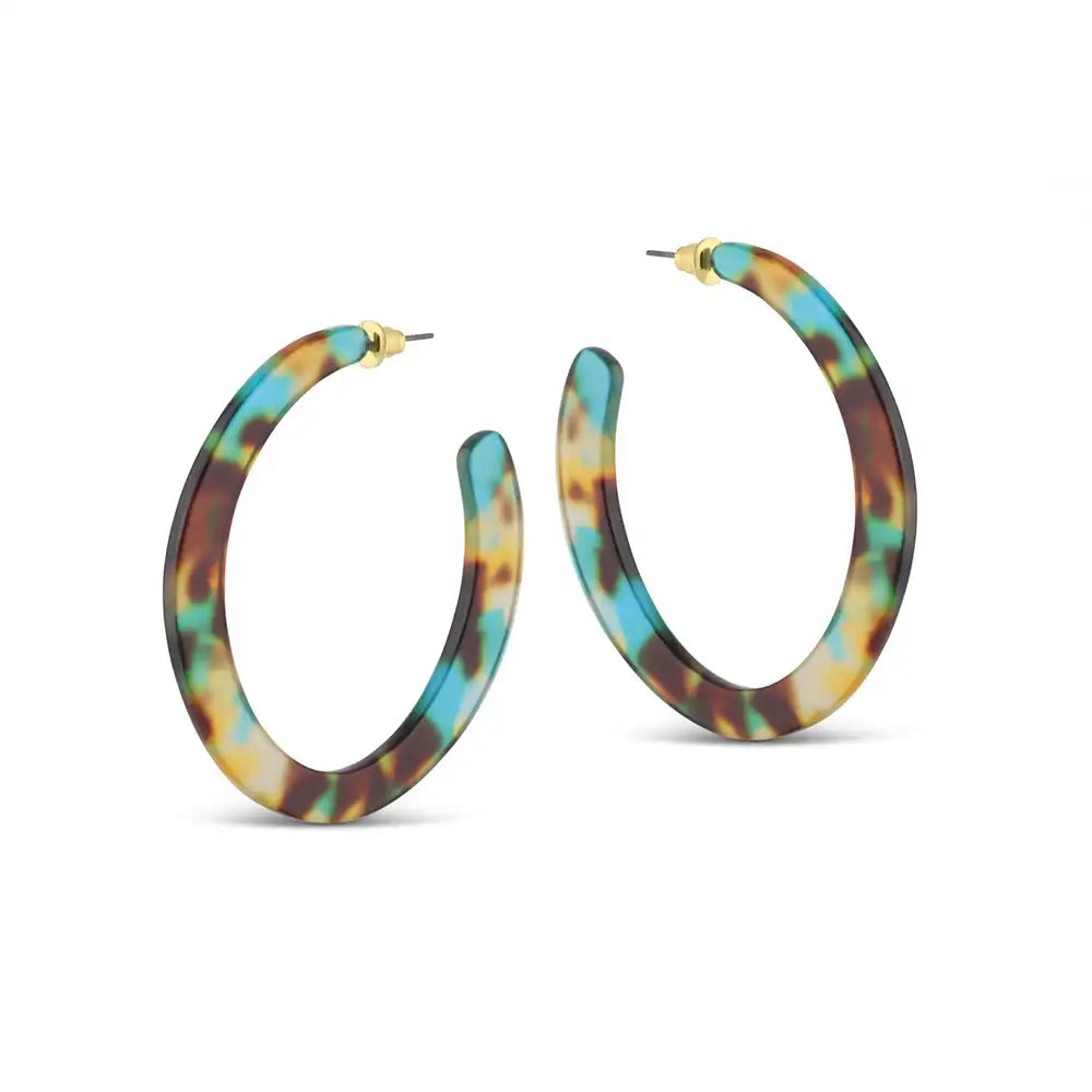 Large resin hoop earrings in brown and teal 