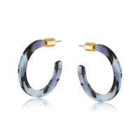 Skinny resin hoop earrings in blue. grey and black with a gold stopper 