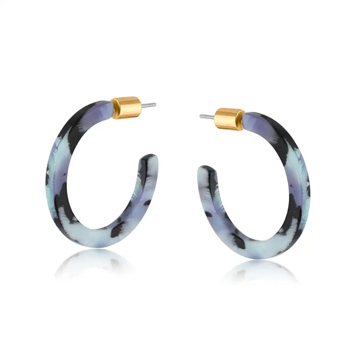 Skinny resin hoop earrings in blue. grey and black with a gold stopper 