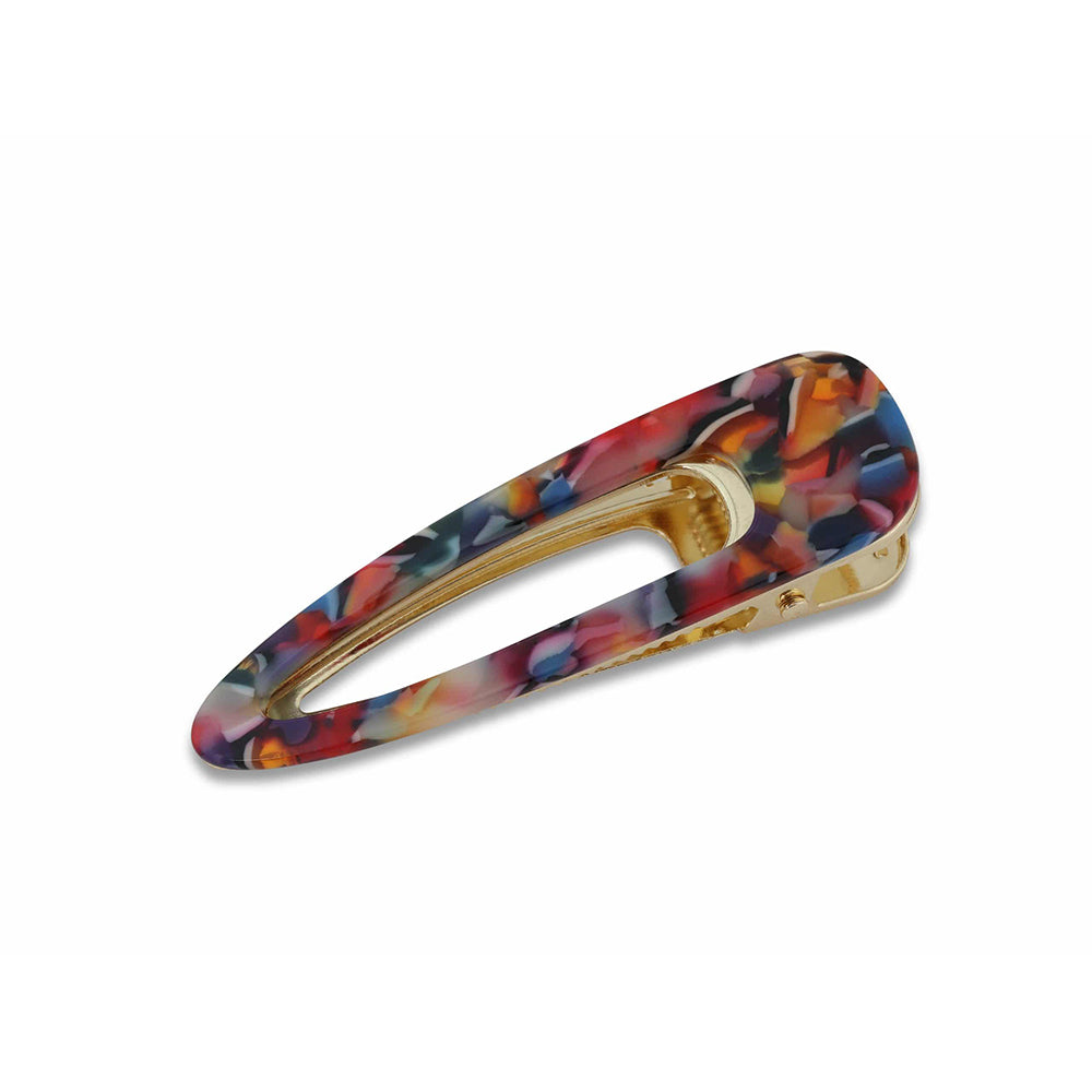 Big Metal London Layla red, orange and blue hair clip with gold metal fastening.