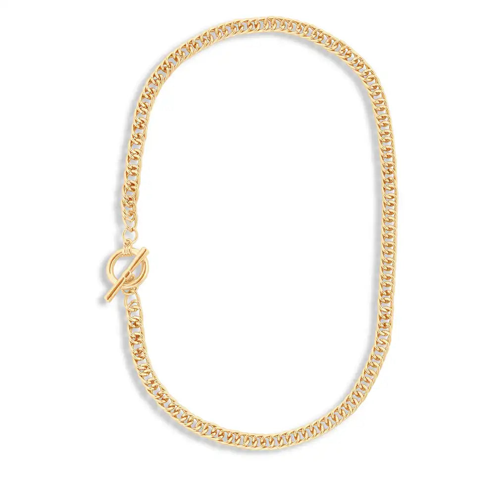  Gold chain necklace with a hoop and T bar fastening.
