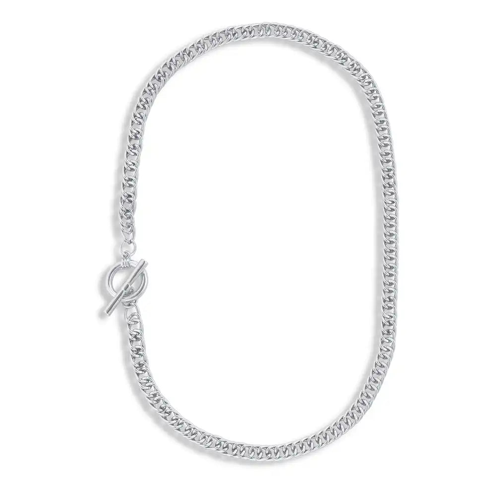 Silver chain necklace with a hoop and T bar fastening.