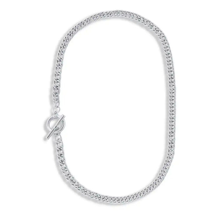 Silver chain necklace with a hoop and T bar fastening.