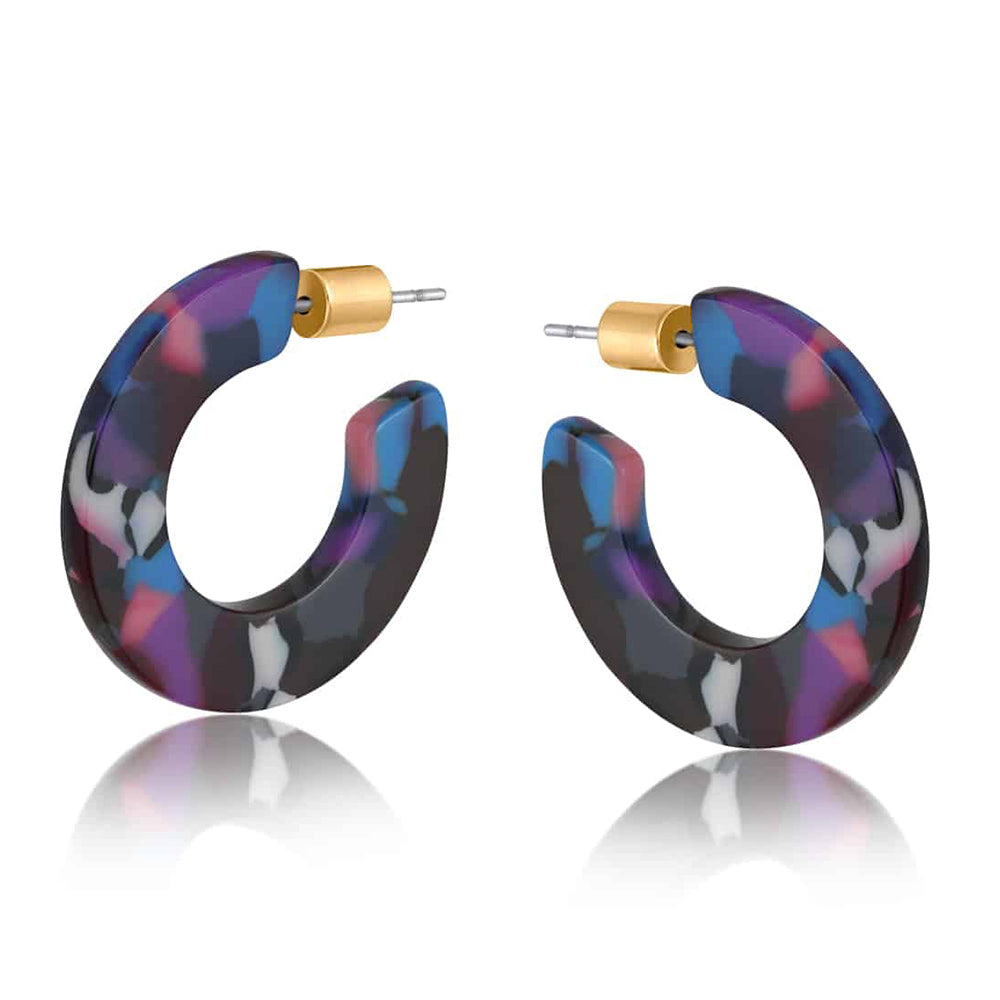 Big Metal London small chunky resin earrings. For pierced ears. Includes blue, greys, pink and black in the resin mix.