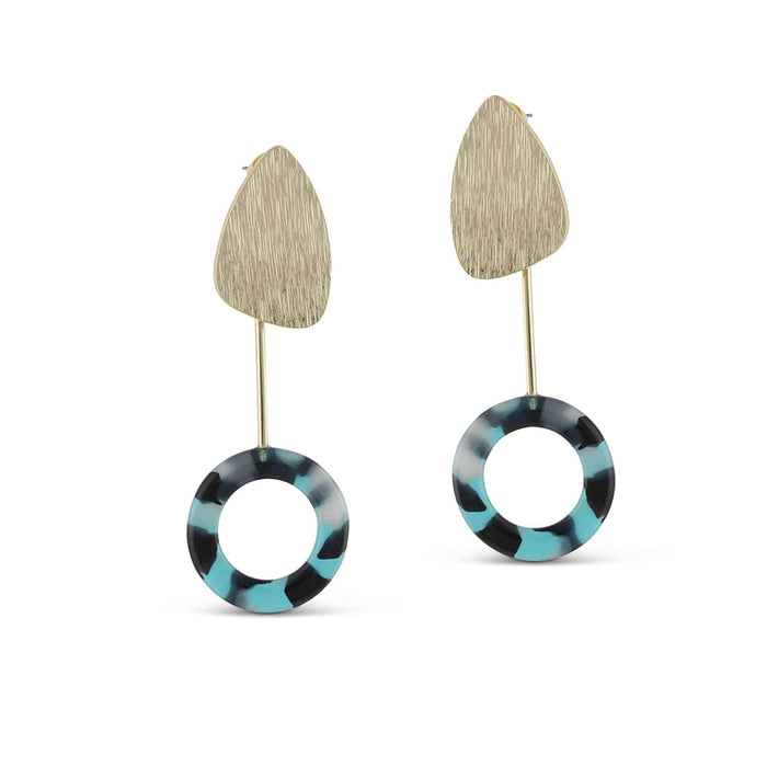 Big Metal London earrings for pierced ears. Gold rounded triangles connected to black and turquoise resin circles by a gold bar.