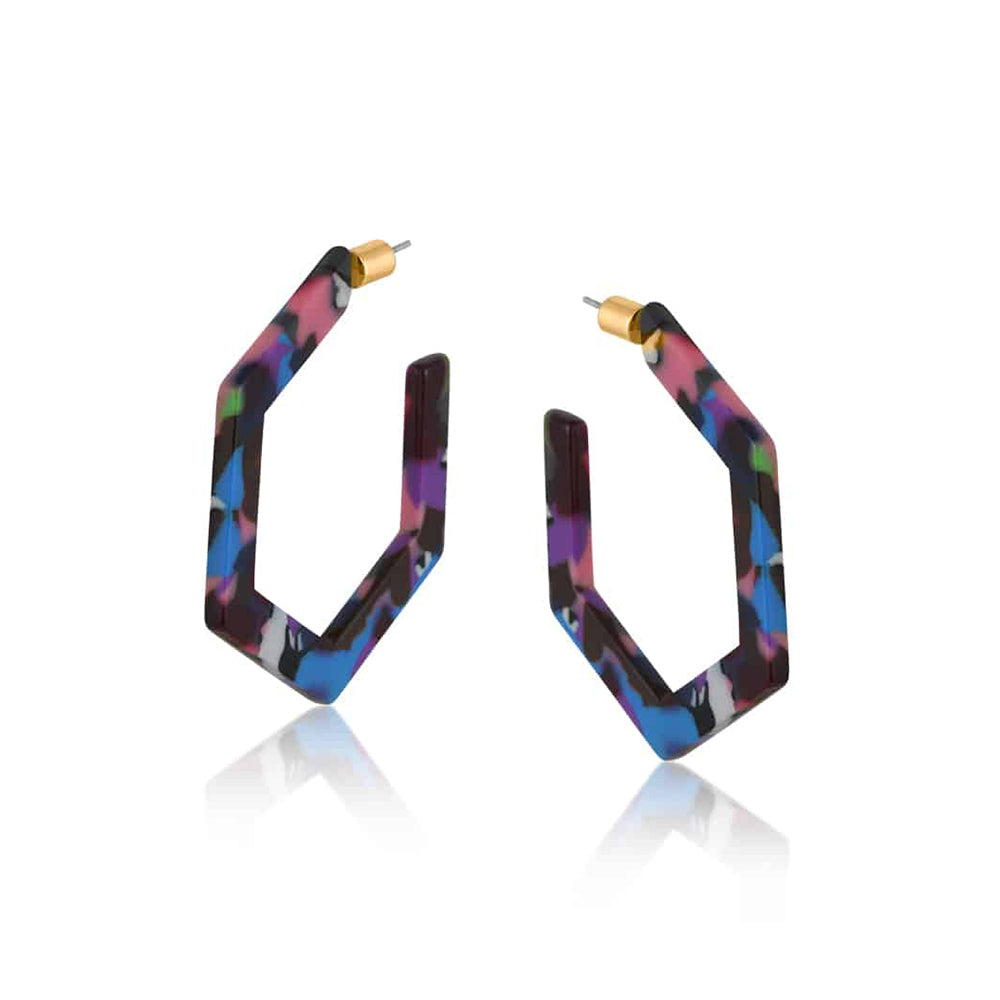 Big Metal London hexagon loop earrings for pierced ears. Resin in a mix of blue, white, green, pink and red.