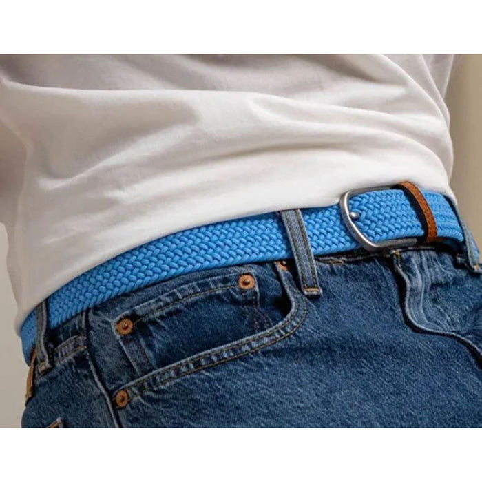 Billy Belt Alaskan blue woven fabric belt with brown leather ends and silver buckle.