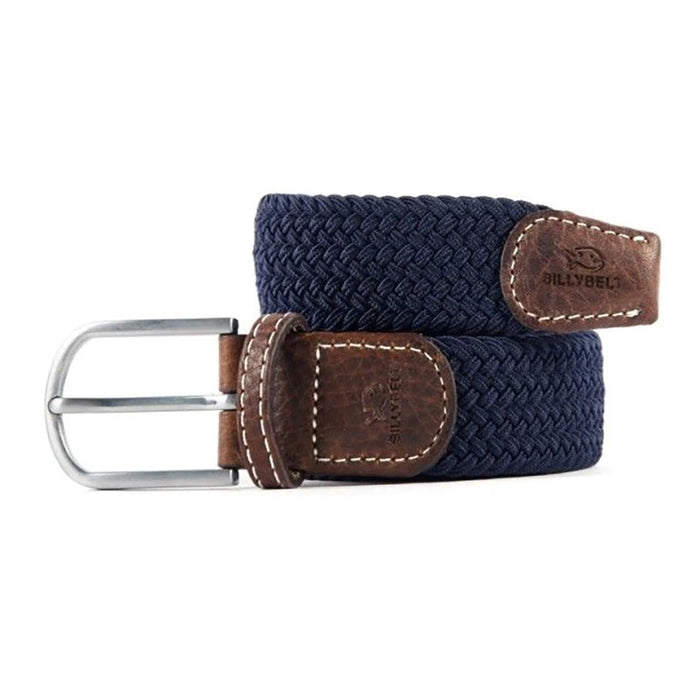 Billy Belt airforce blue woven fabric belt with brown leather ends and silver buckle.