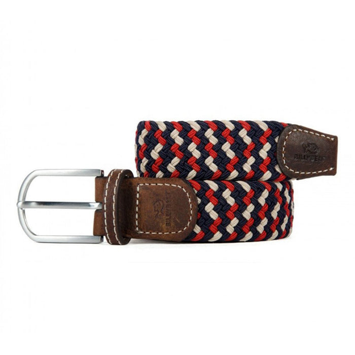 Billy Belt red, cream and navy blue woven fabric belt with brown leather ends and silver buckle.