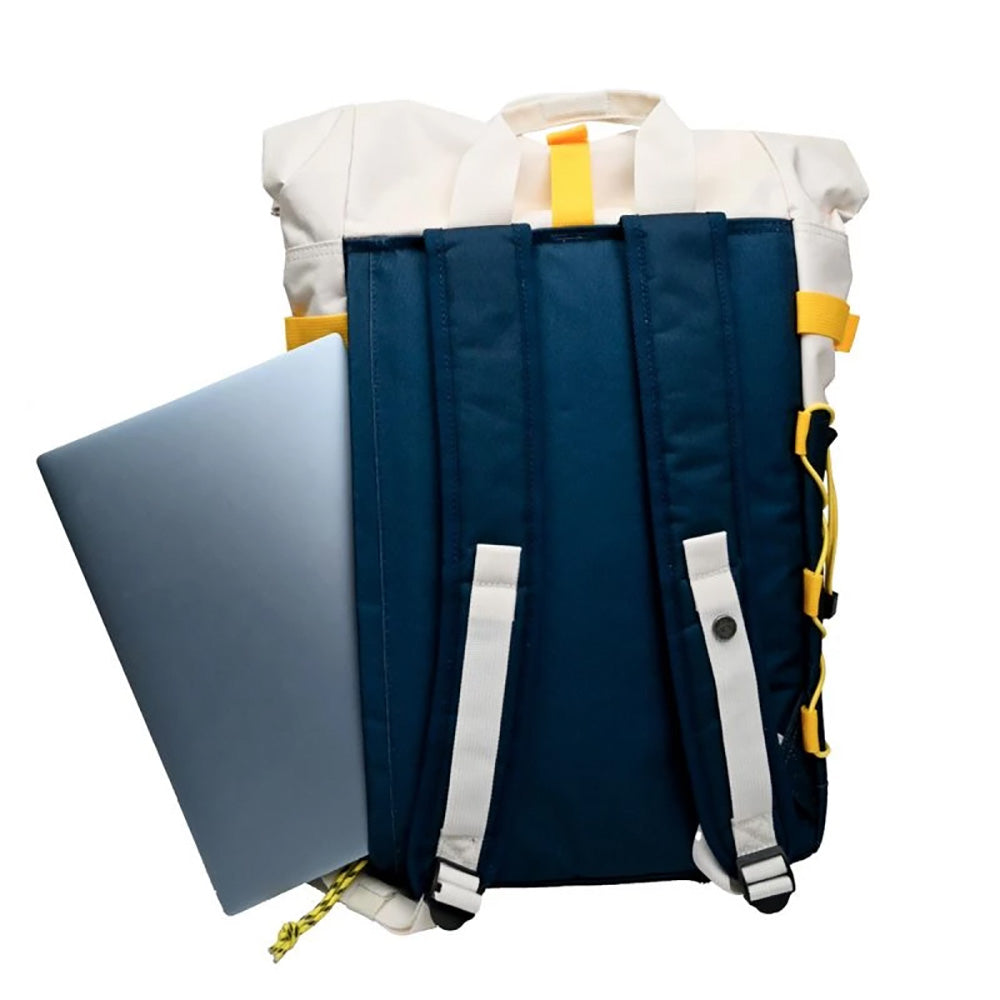 Billy Belts navy and navy grey roll top back pack with bright yellow security straps. View of straps and pocket which is against the body when wearing the bag.