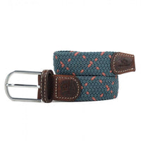 Billy Belt grey/blue with salmon details woven fabric belt with brown leather ends and silver buckle.