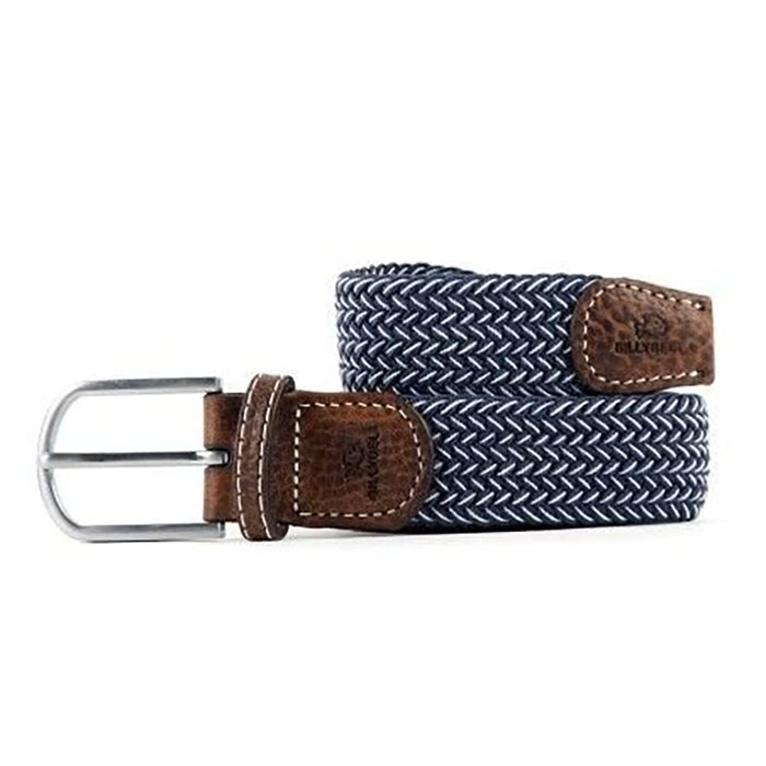 Billy Belt navy blue and white woven fabric belt with brown leather ends and silver buckle.