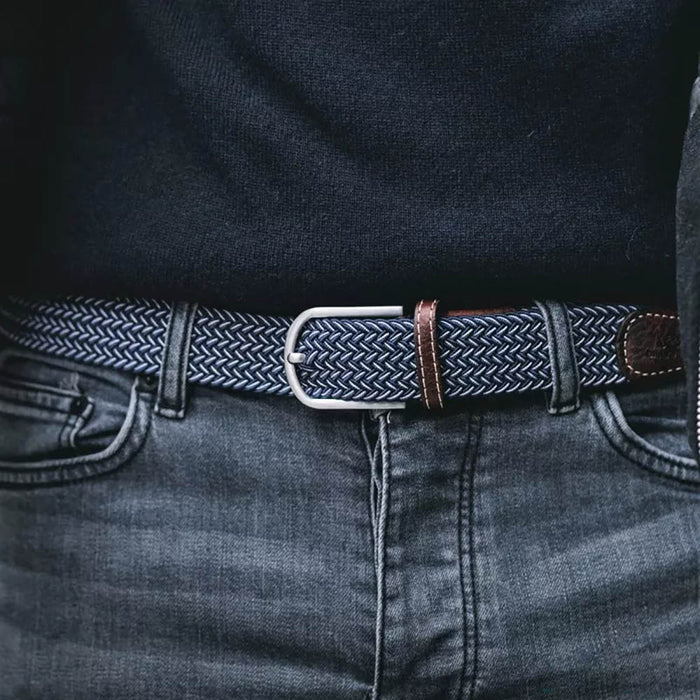 Billy Belt navy blue and white woven fabric belt with brown leather ends and silver buckle.