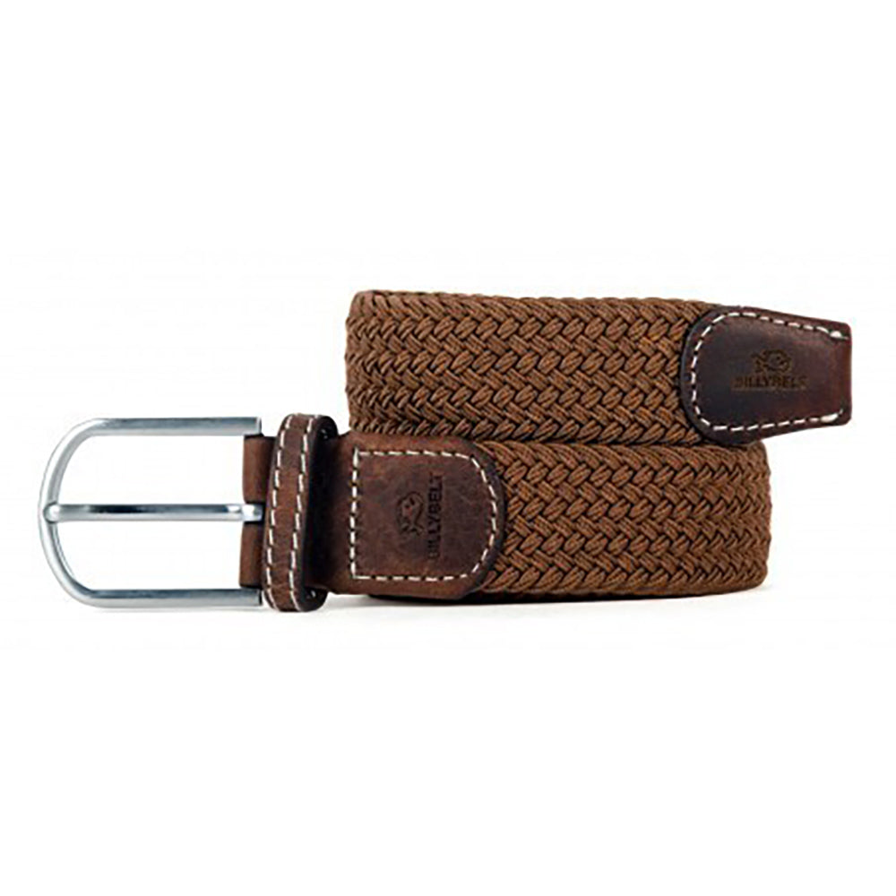 Billy Belt camel colour woven fabric belt with brown leather ends and silver buckle.