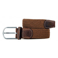 Billy Belt camel colour woven fabric belt with brown leather ends and silver buckle.