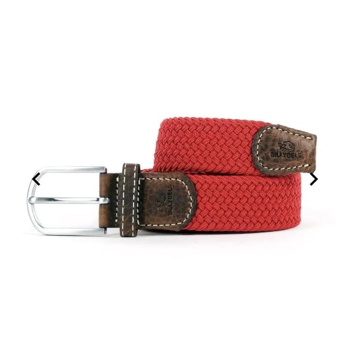 Billy Belt cardinal red woven fabric belt with brown leather ends and silver buckle.