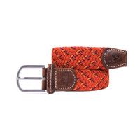 Billy Belt orange detailed with yellow and blue strands woven fabric belt with brown leather ends and silver buckle.