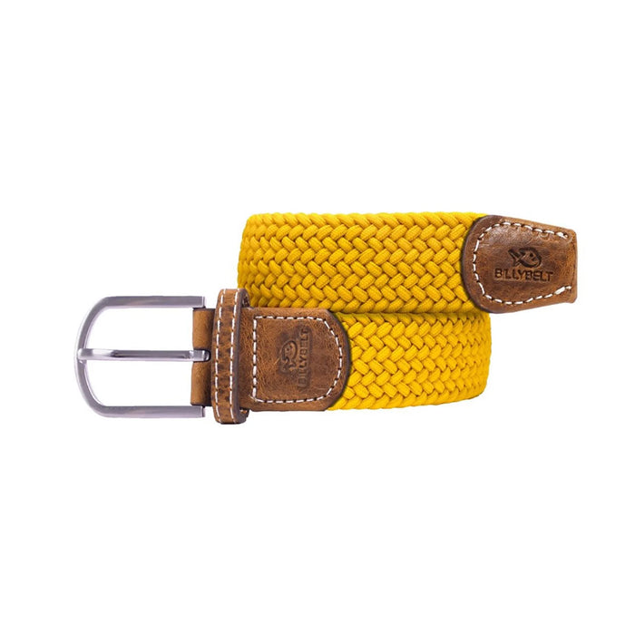 Billy Belt mustard woven fabric belt with brown leather ends and silver buckle.