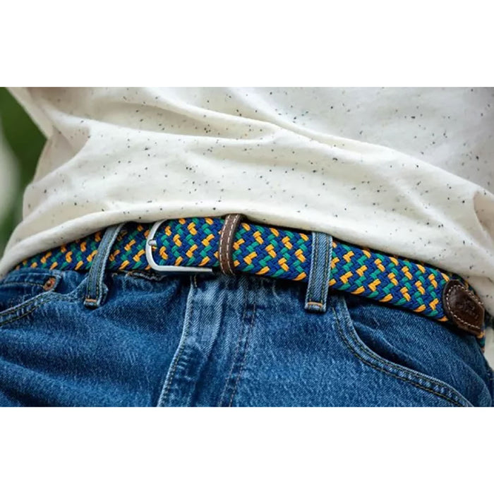 Billy Belt blue, yellow and green woven fabric belt with brown leather ends and silver buckle.