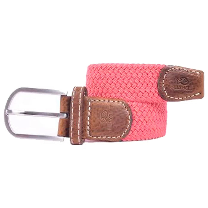 Billy Belt pink woven fabric belt with brown leather ends and silver buckle.