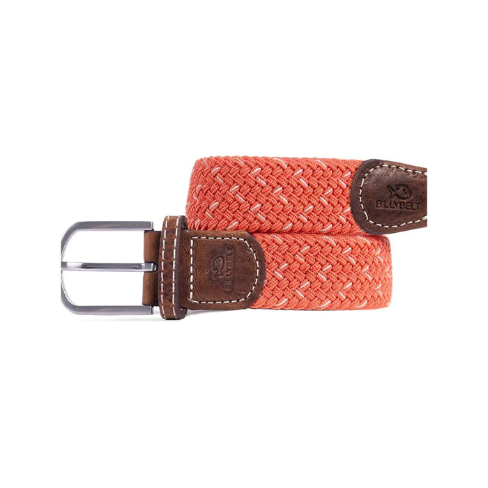 Billy Belt orange with cream strands woven fabric belt with brown leather ends and silver buckle.