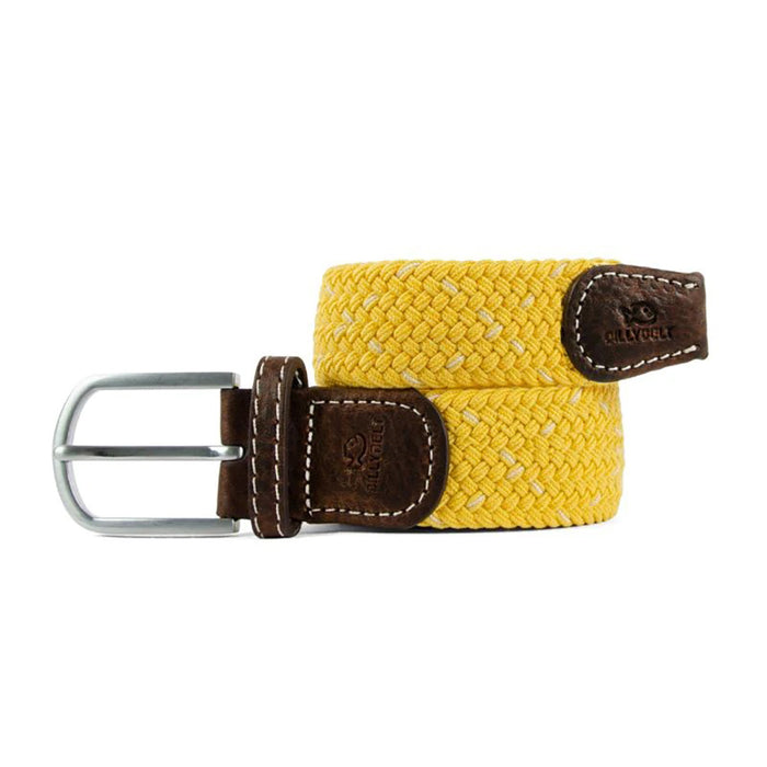 Billy Belt mustard woven fabric belt with brown leather ends and silver buckle.