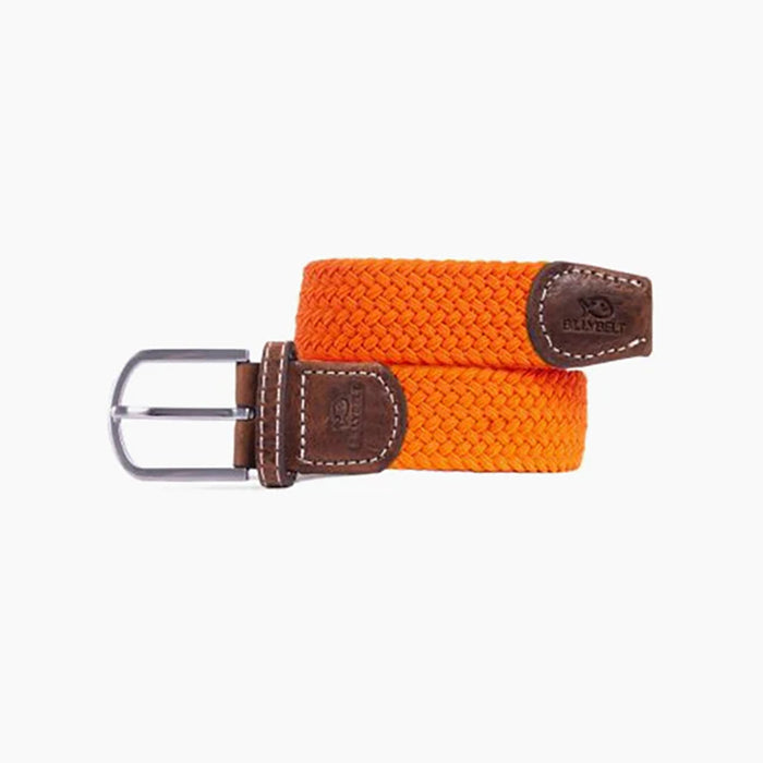 Billy Belt orange woven fabric belt with brown leather ends and silver buckle.