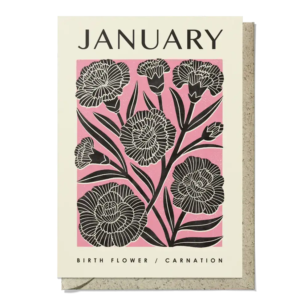 Card with black floral design on a pink background, featuring the word 'January' and 'Carnation' text.