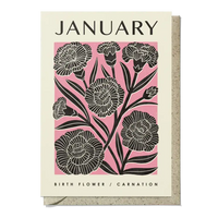 Card with black floral design on a pink background, featuring the word 'January' and 'Carnation' text.