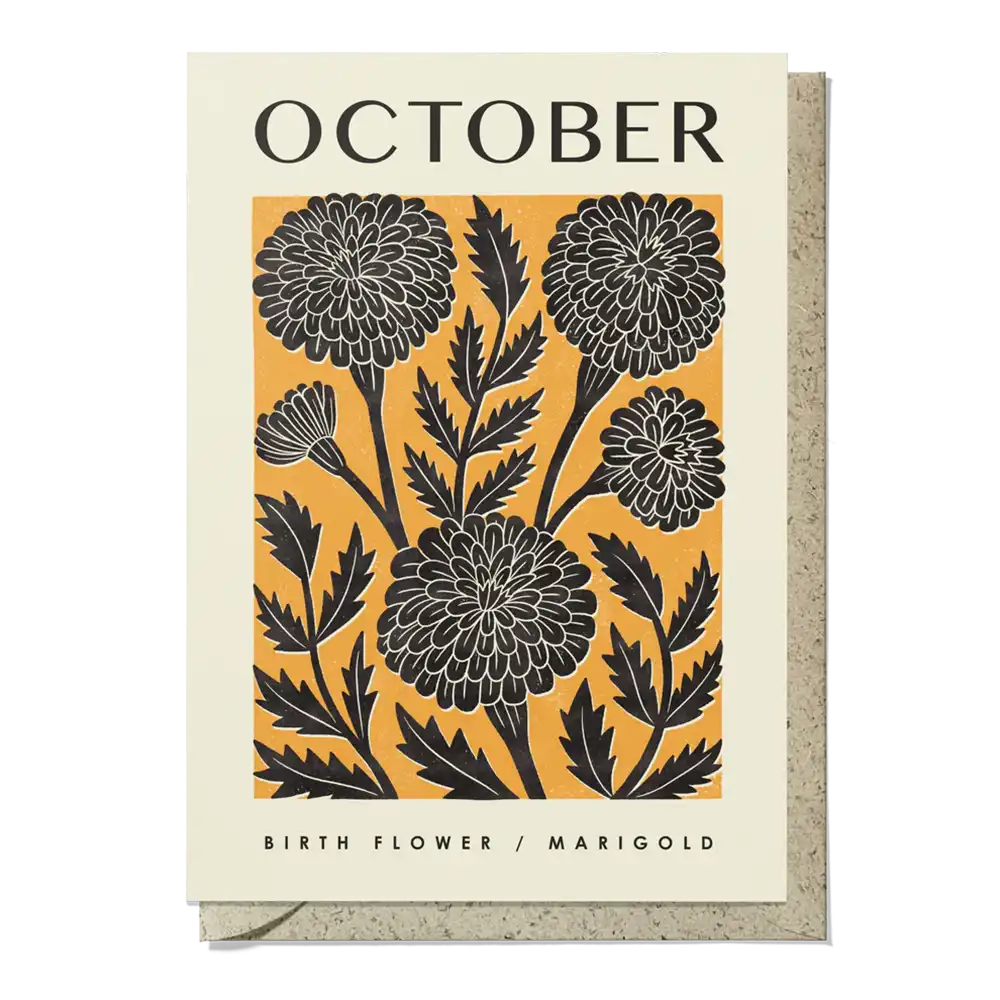 Greeting card with black floral design and 'October' text on a beige background