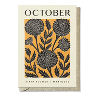 Greeting card with black floral design and 'October' text on a beige background
