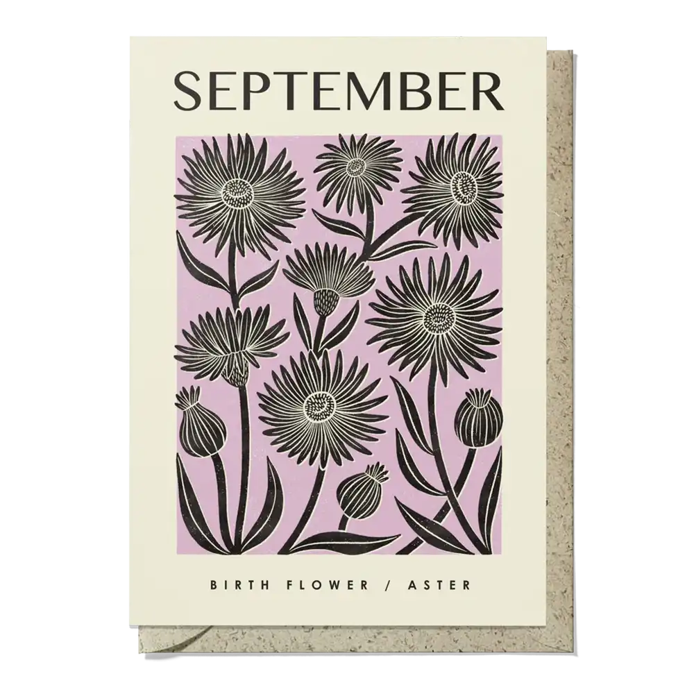 Card with black floral design on a pink background, featuring the word 'September' and 'Aster' text.