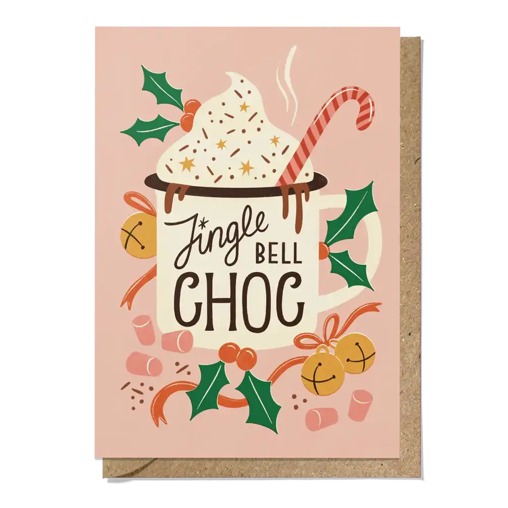 Christmas-themed card with hot chocolate illustration and 'Jingle Bell Choc' text on a pink background.