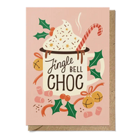 Christmas-themed card with hot chocolate illustration and 'Jingle Bell Choc' text on a pink background.