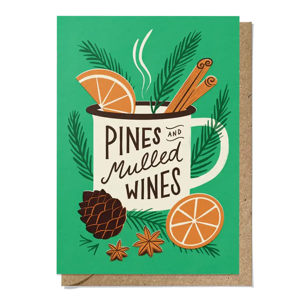 Card with a mug of mulled wine, oranges, cinnamon sticks, and pine branches on a green background.
