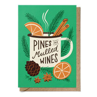 Card with a mug of mulled wine, oranges, cinnamon sticks, and pine branches on a green background.
