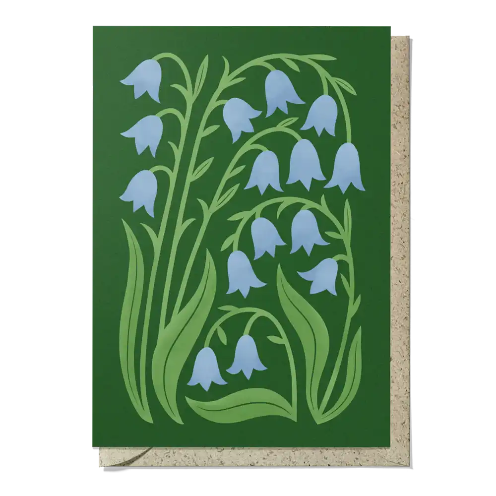 Greeting card with bluebell design on a green background
