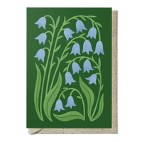 Greeting card with bluebell design on a green background