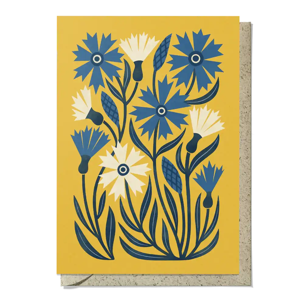Greeting card with blue and white floral design on a yellow background