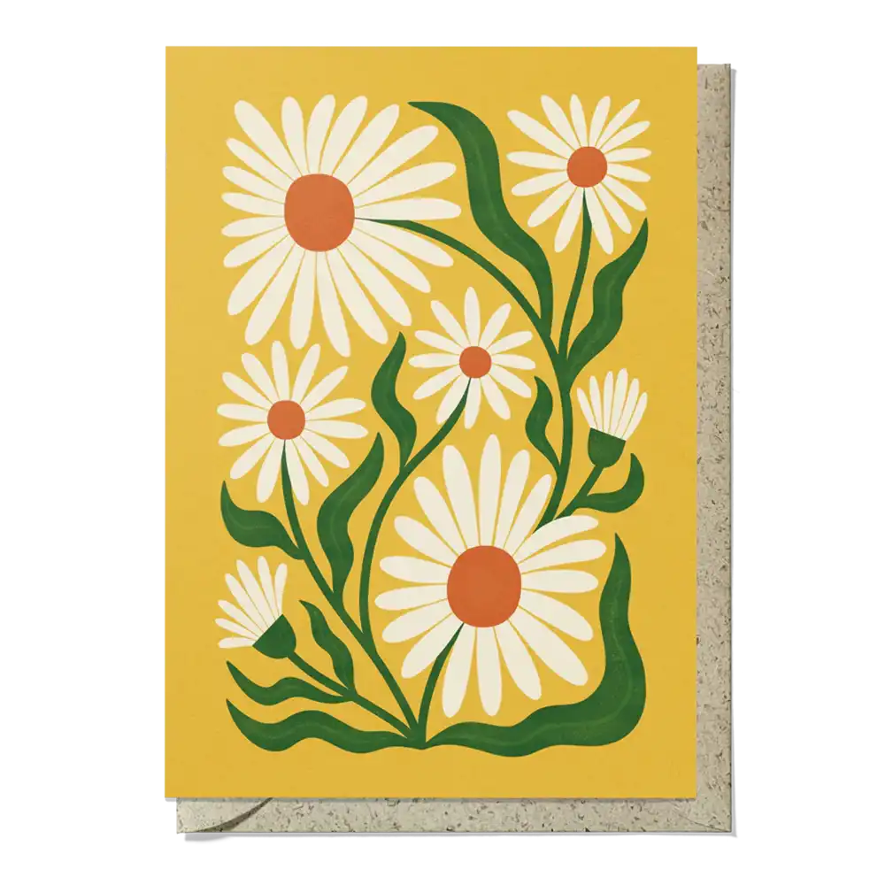Greeting card with daisy flower design on a yellow background