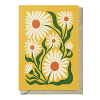 Greeting card with daisy flower design on a yellow background